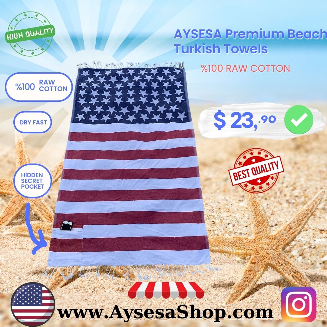 AYSESA Turkish Beach Towel American Flag / Pocket (Made in Turkey)