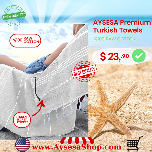 AYSESA Turkish Beach Towel 105 Dove Gray / Pocket (Made in Turkey)