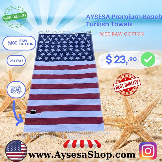 AYSESA Turkish Beach Towel American Flag / Pocket (Made in Turkey)
