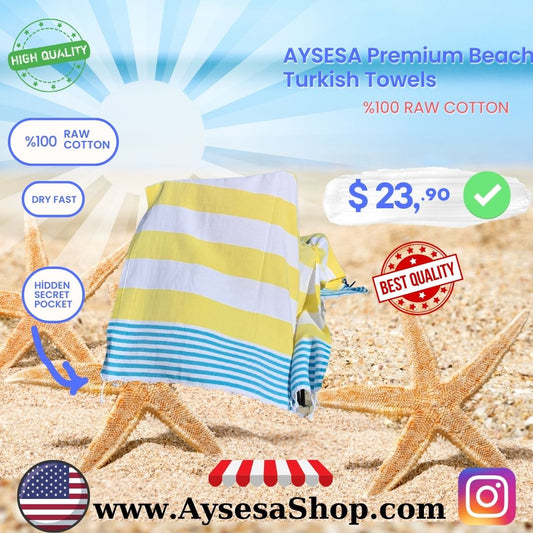 AYSESA Turkish Beach Towel 111 w Pocket (Made in Turkey)